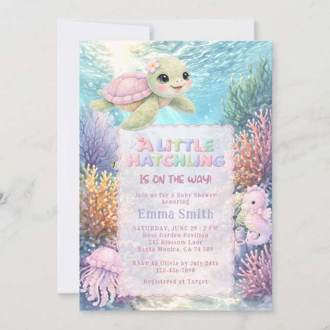 Convite Under the Sea Cute Turtle Girl Baby Shower (Frente)