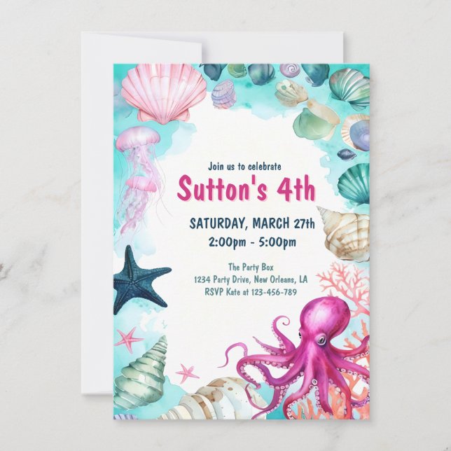 Convite Under the Sea Girl Kid Birthday Party (Frente)