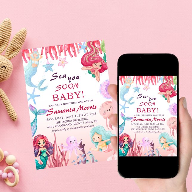 Convite Under the Sea Girls,Cute Mermaid Sea baby shower (Criador carregado)