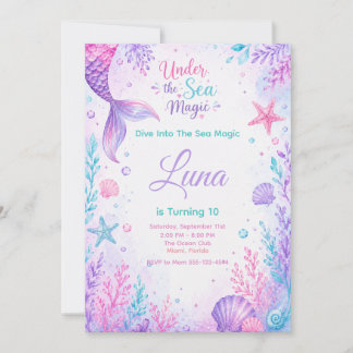 Convite Under the Sea Magic Watercolor Mermaid Birthday
