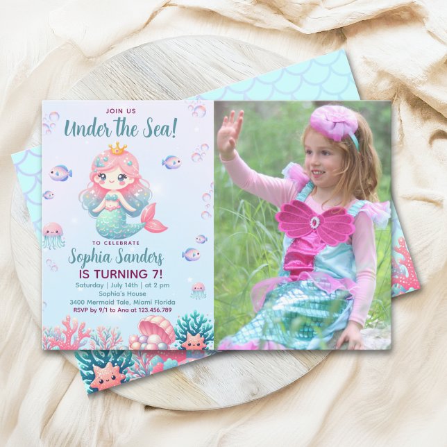 Convite Under the sea Mermaid Birthday Girl with Photo (Criador carregado)
