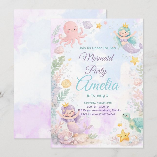 Convite Under The Sea Mermaid Birthday Invitation (Frente/Verso)