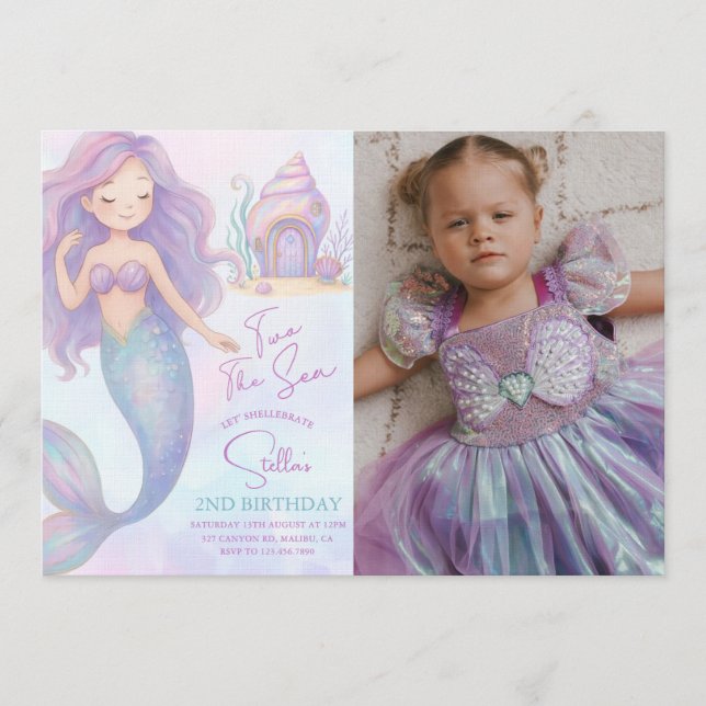 Convite Under the Sea Mermaid Purple 2nd Birthday Photo (Frente)