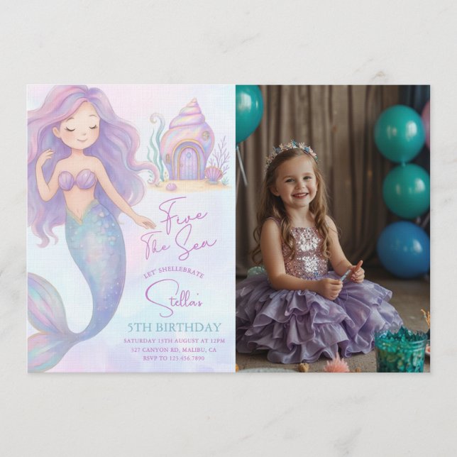 Convite Under the Sea Mermaid Purple 5th Birthday Photo (Frente)