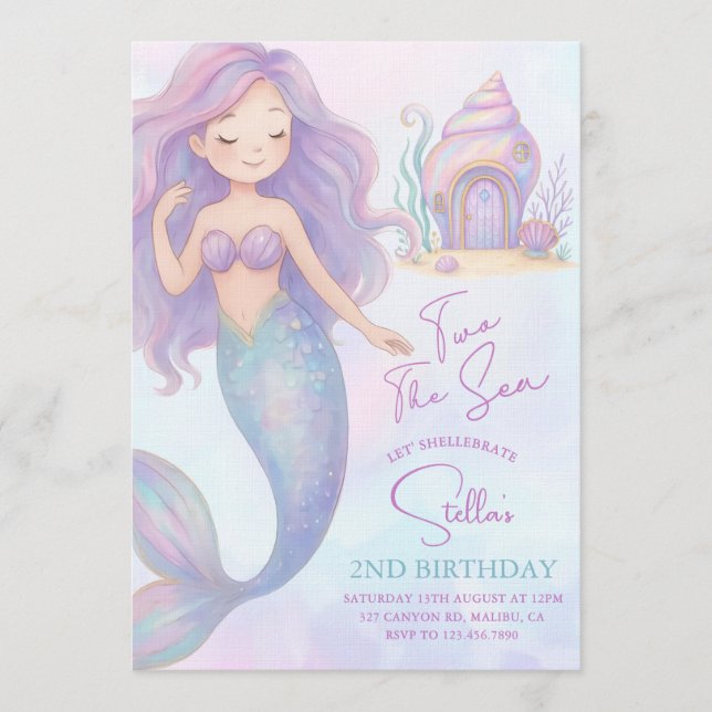 Convite Under the Sea Mermaid Sea Purple Girl 2nd Birthday (Frente)