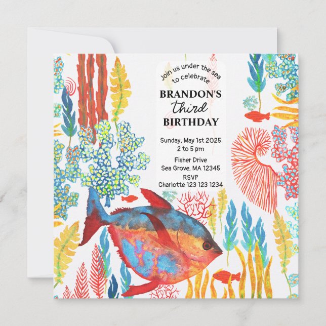 Convite Under The Sea Ocean Animal watercolor Birthday  (Frente)