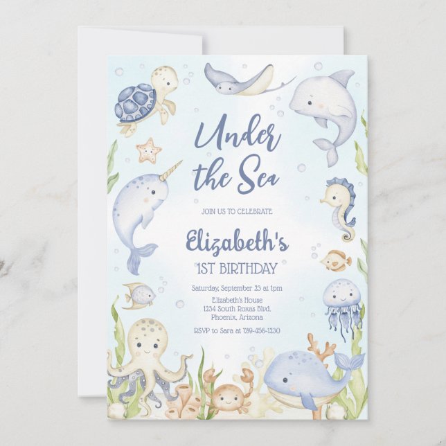 Convite Under the Sea Ocean Animals Theme Birthday  (Frente)