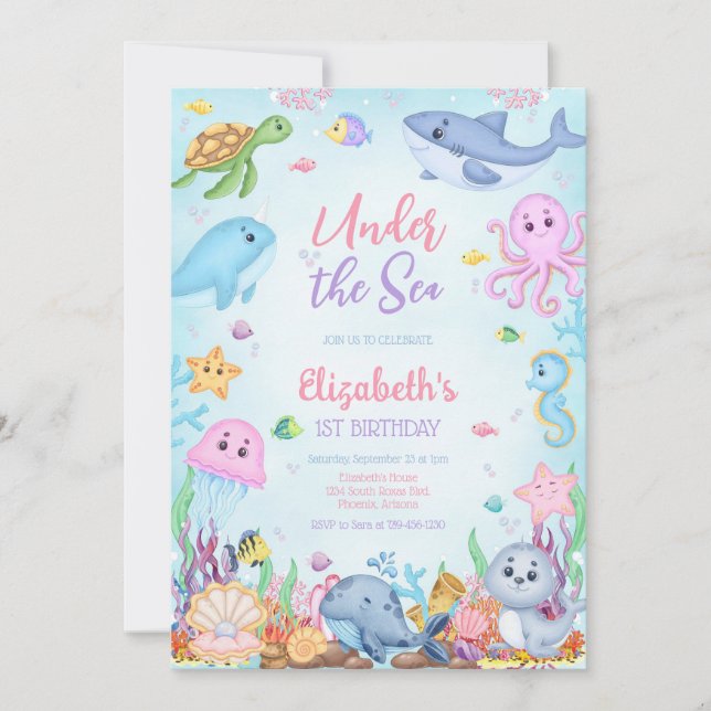 Convite Under the Sea Ocean Animals Theme Birthday  (Frente)