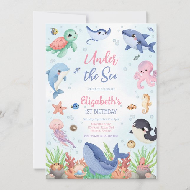 Convite Under the Sea Ocean Animals Theme Birthday (Frente)