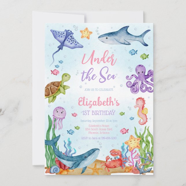 Convite Under the Sea Ocean Animals Theme Birthday (Frente)