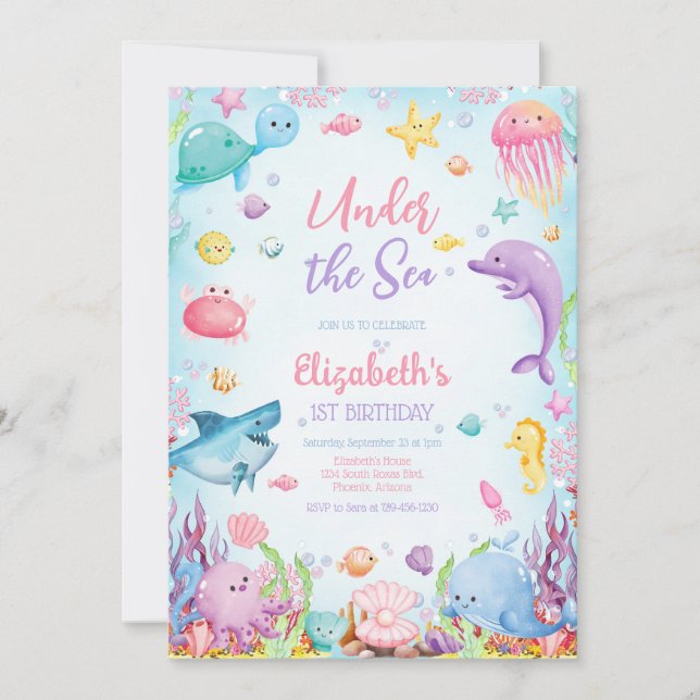 Convite Under the Sea Ocean Animals Theme Birthday  (Frente)