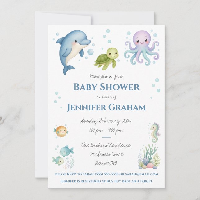 Convite Under the Sea, Ocean Creatures Baby Shower (Frente)
