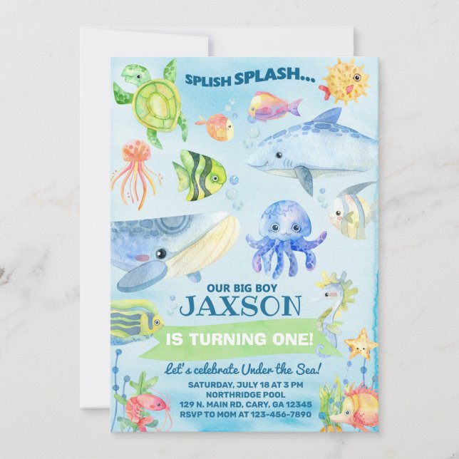 Convite Under the Sea ocean life boy birthday invite. (Frente)