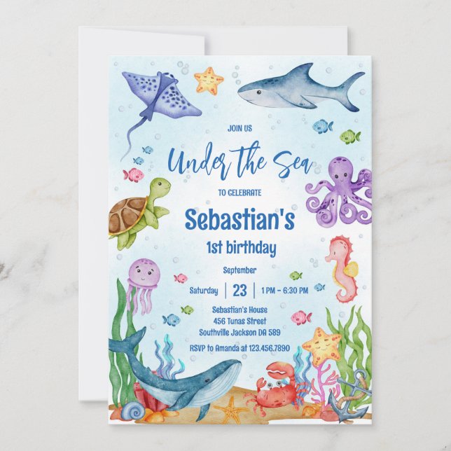 Convite Under the Sea Ocean Theme Birthday Invitation (Frente)