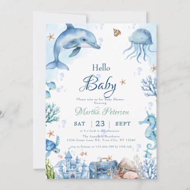 Convite UNder the sea Seashell Baby Shower (Frente)