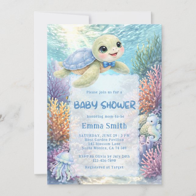 Convite Under the Sea Turtle Boy Baby Shower (Frente)