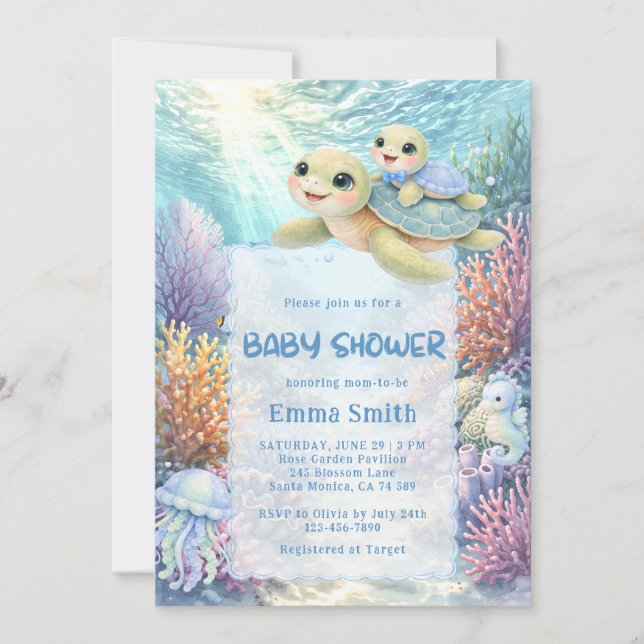 Convite Under the Sea Turtle Mom & Baby Boy Baby Shower (Frente)
