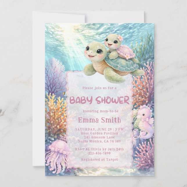 Convite Under the Sea Turtle Mom & Baby Girl Baby Shower (Frente)