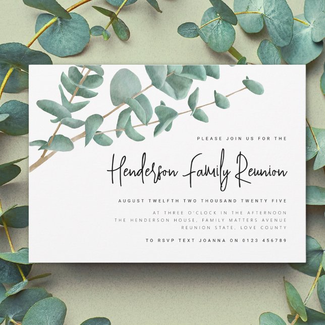 Convite União da Família Eucalyptus Watercolor (Watercolor Eucalyptus tree branch family reunion invitation Modern elegant script)