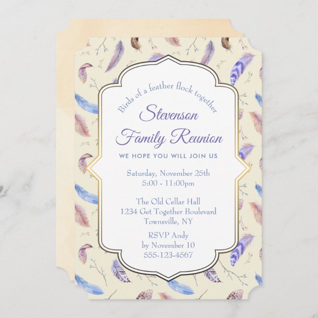 Convite União de Famílias de Penas de Aquarela (Frente/Verso)