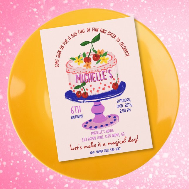 Convite Única Cereja de Bolo de Birthday (colorful whimsical cake with the cherry on top and pink background birthday invitation)