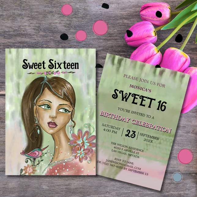Convite Único 16 - Whimsica Flower Girl (Unique Sweet 16 Invitation - Whimsical Flower Girl)