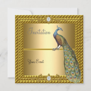 Convite Único e Elegante de Ouro e Pavão
