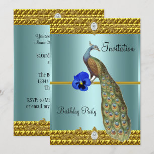 Convite Único e Elegante de Ouro e Pavão