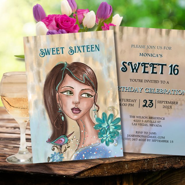 Convite Único para Sweet 16 - Garota Flor Retro ( Unique Sweet 16 Invitation - Retro Flower Girl )
