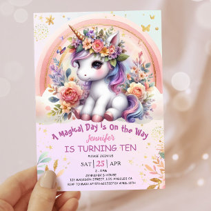 Convite Unicorn 10º Aniversário Menina Rosa Floral Arco-ír