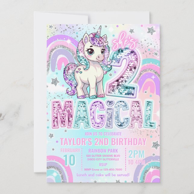 Convite Unicorn 2nd Birthday Two Magical Rainbow Glitter (Frente)