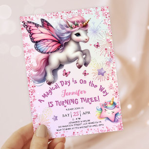 Convite Unicorn 3º Aniversário Menina Rosa Roxo Brilho