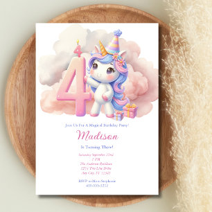 Convite Unicorn 4º Quarto Aniversário Rosa Azul Roxo Menin