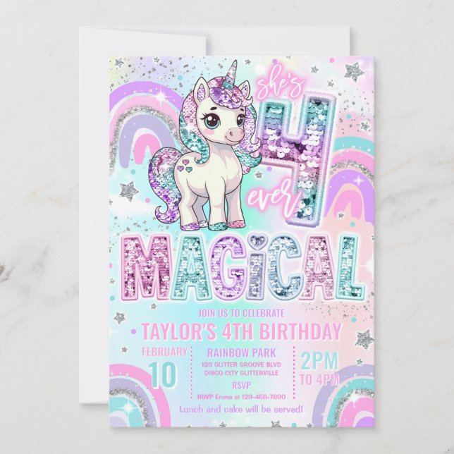 Convite Unicorn 4th Birthday Four Ever Magical Rainbow  (Frente)