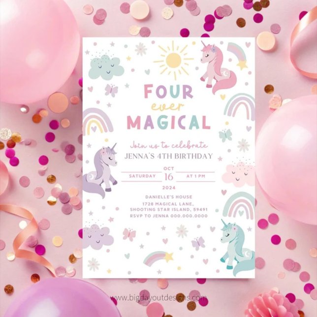 Convite Unicorn 4th Birthday Invitation. Editable Rainbow  (Unicorn 4th Birthday Invitation)