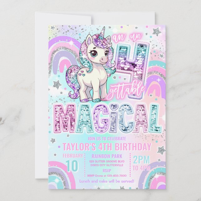 Convite Unicorn 4th Birthday Un-fourgettable Magical (Frente)