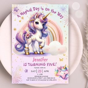 Convite Unicorn 5º Aniversário Menina Roxo Arco-Íris