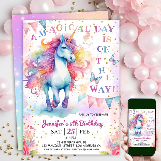 Convite Unicorn 5 Birthday Fairy Fairy Rainbow & Stars (#UnicornBirthdayInvitation #UnicornBirthdayInvitationTemplate #UnicornBirthdayInvitationEditable)