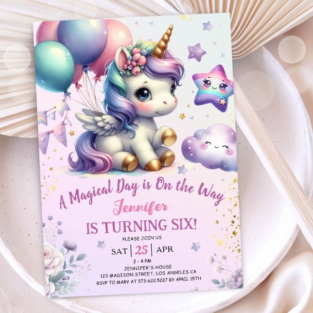 Convite Unicorn 6 Birthday Convide Rapariga Roxo e Dourada (#UnicornBirthdayInvitation #UnicornBirthdayInvitationTemplate #UnicornBirthdayInvitationEditable)
