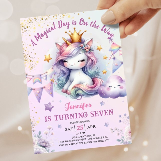 Convite Unicorn 7 Birthday Convide Rapariga Rosa e Dourada (#UnicornBirthdayInvitation #UnicornBirthdayInvitationTemplate #UnicornBirthdayInvitationEditable )