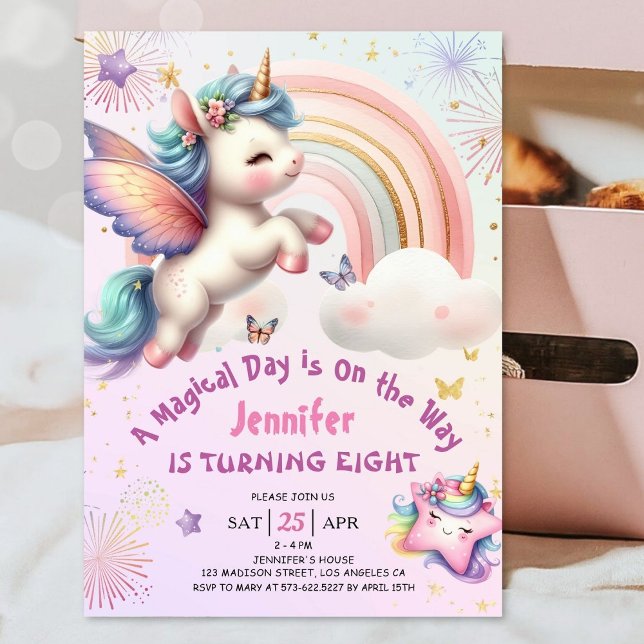 Convite Unicorn 8º Aniversário Rapariga Púrpura Arco-Íris  (#UnicornBirthdayInvitation #UnicornBirthdayInvitationTemplate #UnicornBirthdayInvitationEditable )