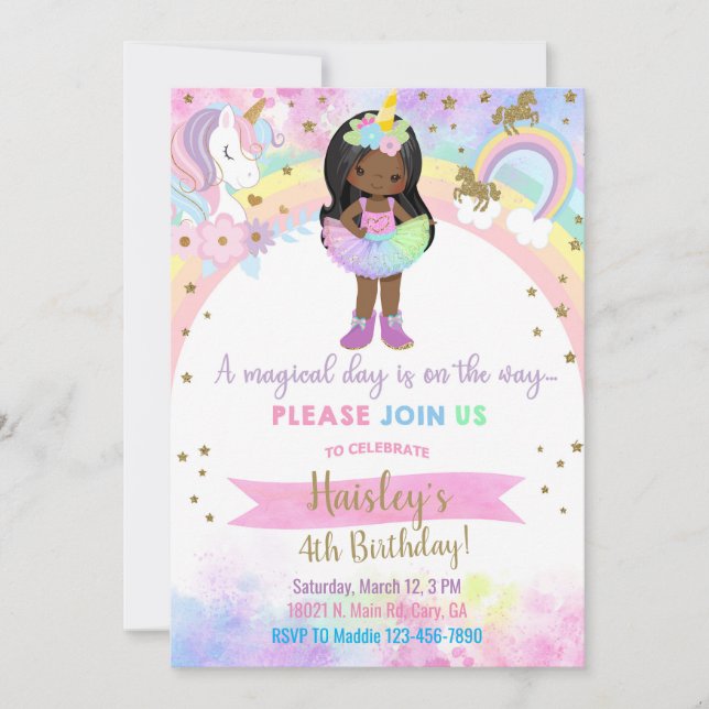 Convite Unicorn african american girl magical birthday. (Frente)
