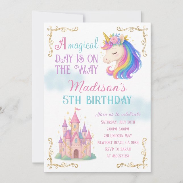 Convite Unicorn and Castle Birthday Party Invitation (Frente)