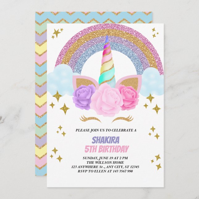 Convite Unicorn Aniversário (Frente/Verso)