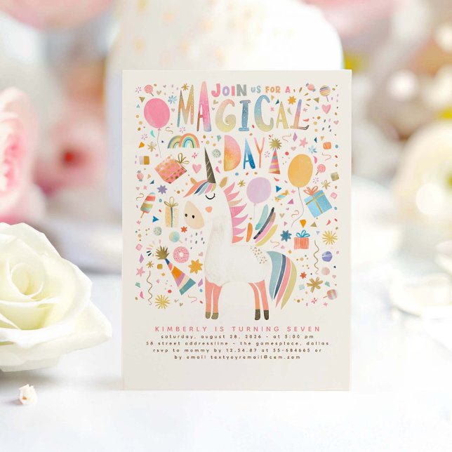 Convite Unicorn Aniversário Convida Pastel Moderno (Magical Unicorn Modern Birthday Invitation)
