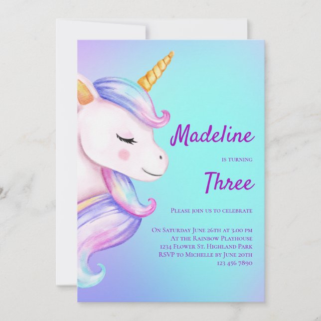Convite Unicorn Aniversário Invitation Girls Pastel Rainbo (Frente)