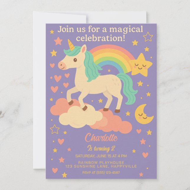 Convite Unicorn Aniversário para Meninas - Partido Arco-Ír (Frente)