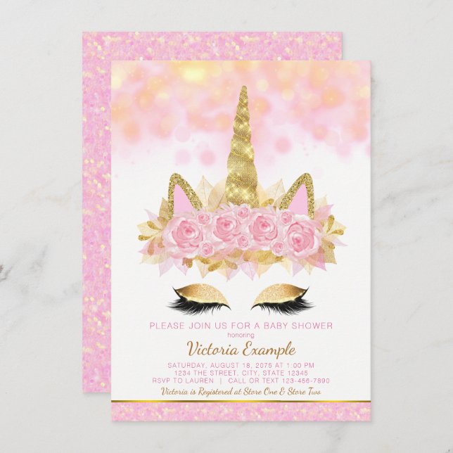 Convite Unicorn Baby Shower Invances Rosa Dourado Unicorn (Frente/Verso)