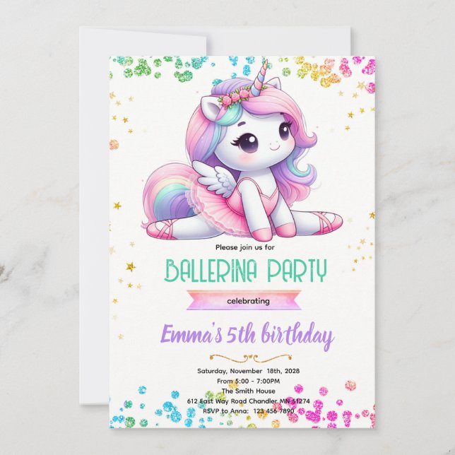 Convite Unicorn ballerina party invitation (Frente)