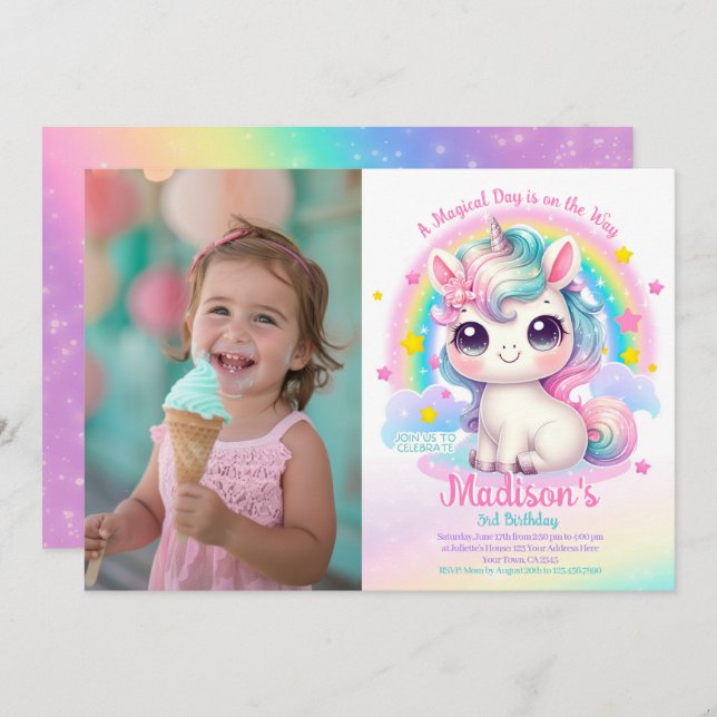 Convite Unicorn Birthday Invitation (Frente/Verso)